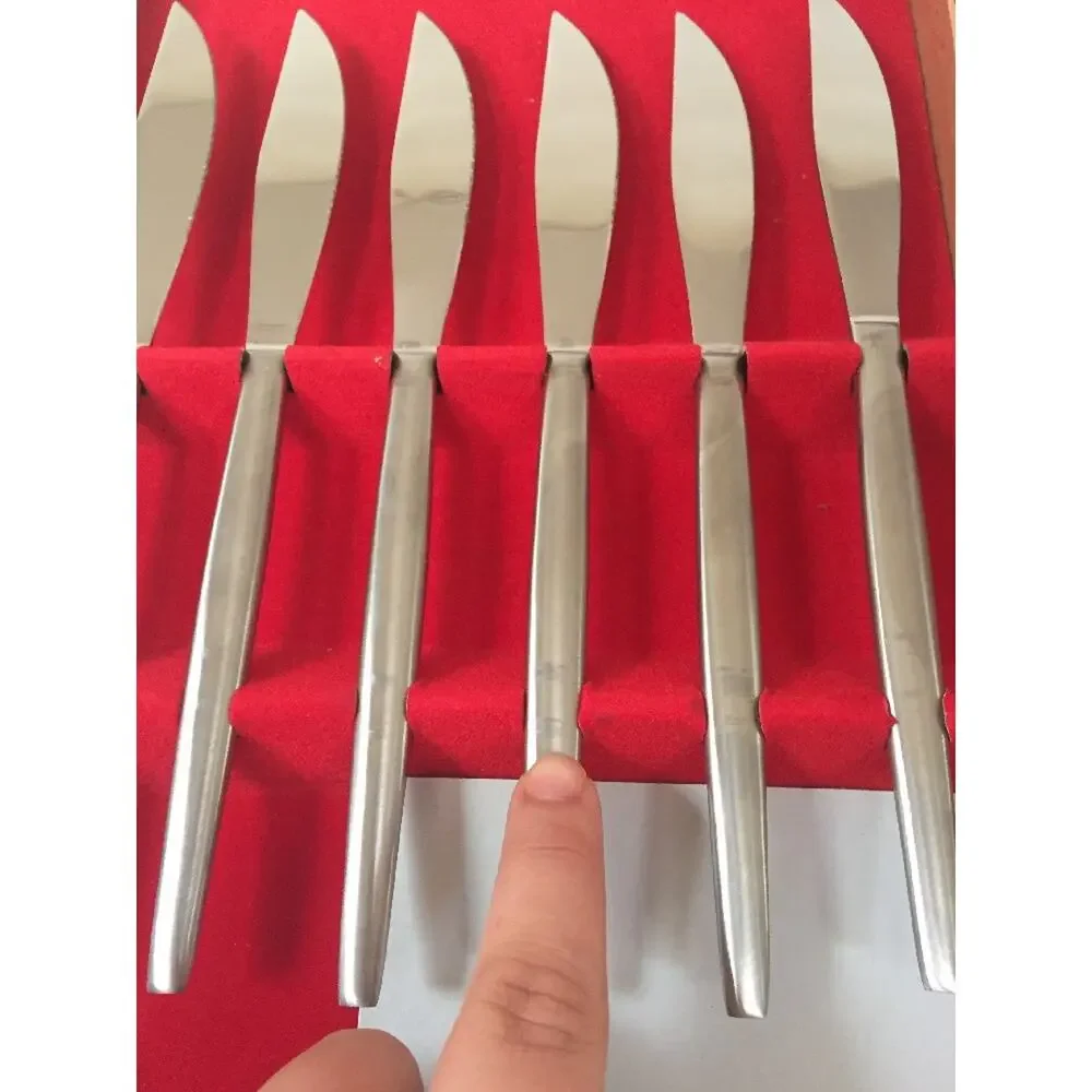 Set 6 Vintage Mid Century Kalmar Italy Stainless Steel Dinner Knives Set w Box